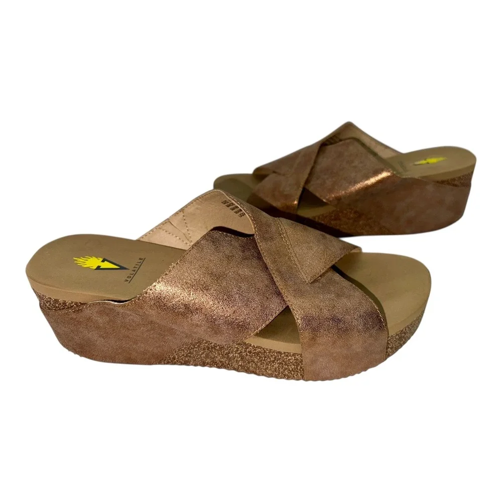 Volatile Cork Wedge Slide Sandals Metallic Bronze‎ Boho Comfort Womens 10